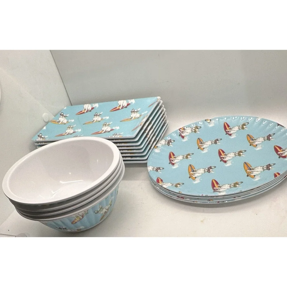 Alex & Zoë French Bulldog Surfing Melamine Dinnerware 17 Pc Plates Bowls Set